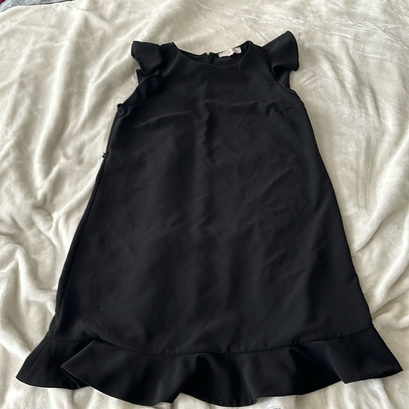 LOFT BLACK FIT AND FLARE MIDI ZIPUP W RUFFLE DETAIL CAP SLEEVE DRESS SZ 14 - Picture 1 of 4